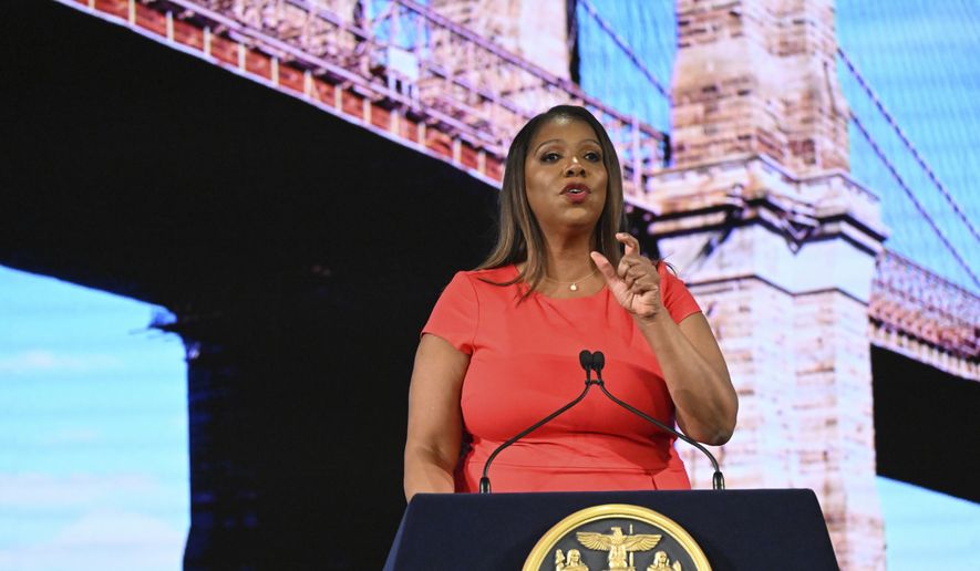 New York Attorney General Letitia James speaks after being sworn into office during Gov. Kathy Hochul&#x27;s inauguration ceremony, Sunday, Jan. 1, 2023, in Albany, N.Y. (AP Photo/Hans Pennink)
