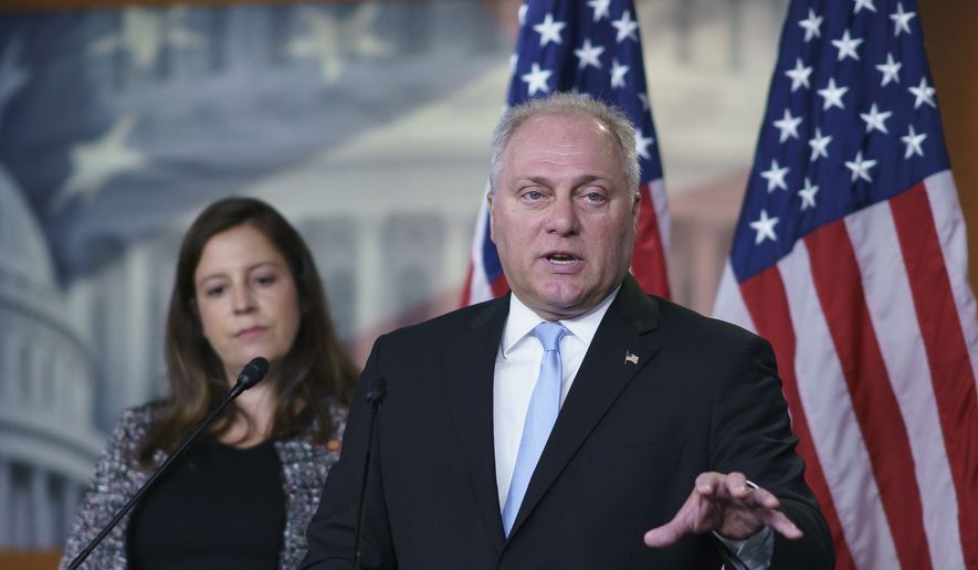 In this file photo, House Minority Whip Steve Scalise, R-La., joined at left by Republican Conference Chair Elise Stefanik, R-N.Y., speaks during a news conference at the Capitol in Washington, Tuesday, June 29, 2021.  (AP Photo/J. Scott Applewhite)