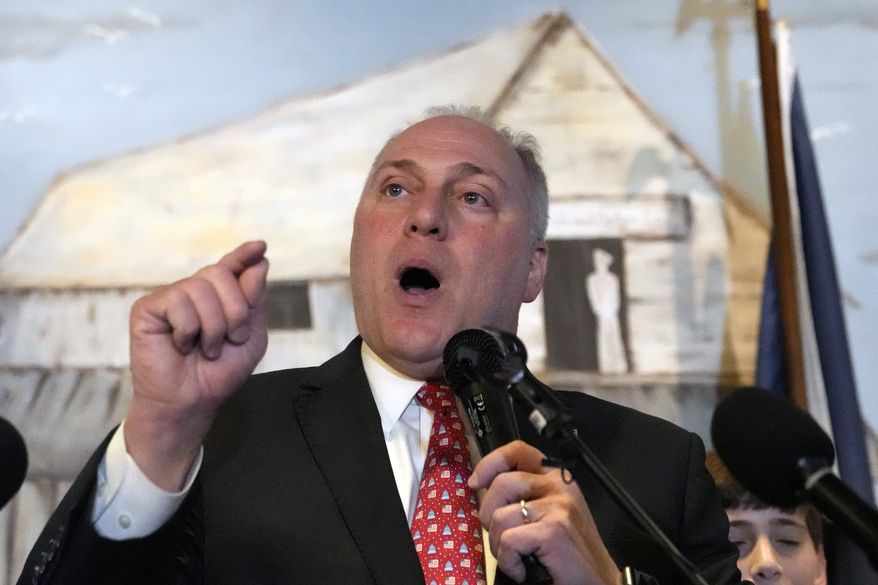FILE - House Minority Whip Steve Scalise, R-La., speaks to supporters as he celebrates his re-election in Metairie, La., Nov. 8, 2022. (AP Photo/Gerald Herbert, File)