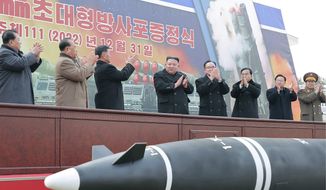 In this photo provided by the North Korean government, North Korean leader Kim Jong-un, center, attends a ceremony of donating 600 mm super-large multiple launch rocket system at a garden of the Workers&#39; Party of Korea headquarters in Pyongyang, North Korea Saturday, Dec. 31, 2022. Independent journalists were not given access to cover the event depicted in this image distributed by the North Korean government. The content of this image is as provided and cannot be independently verified. Korean language watermark on image as provided by source reads: &quot;KCNA&quot; which is the abbreviation for Korean Central News Agency. (Korean Central News Agency/Korea News Service via AP)