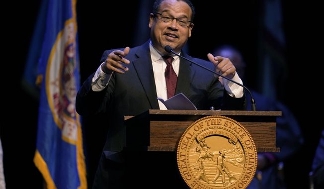 Minnesota Attorney General Keith Ellison delivers a speech after being sworn in during his inauguration for his second term, Monday, Jan. 2, 2023, in St. Paul, Minn. (AP Photo/Abbie Parr) **FILE**