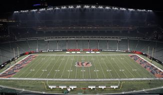 Paycor Stadium sits empty after the NFL postponed the game following an injury to Buffalo Bills&#39; Damar Hamlin during the first half of an NFL football game between the Cincinnati Bengals and Buffalo Bills, Monday, Jan. 2, 2023, in Cincinnati. (AP Photo/Joshua A. Bickel) **FILE**