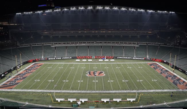 Paycor Stadium sits empty after the NFL postponed the game following an injury to Buffalo Bills&#x27; Damar Hamlin during the first half of an NFL football game between the Cincinnati Bengals and Buffalo Bills, Monday, Jan. 2, 2023, in Cincinnati. (AP Photo/Joshua A. Bickel) **FILE**