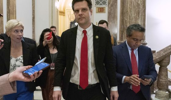 Rep. Matt Gaetz, R-Fla., speaks to reporters as he leaves the chamber, after failed the third round of votes to choose the Speaker of the House on the opening day of the 118th Congress at the U.S. Capitol, Tuesday, Jan. 3, 2023, in Washington. (AP Photo/Jose Luis Magana)
