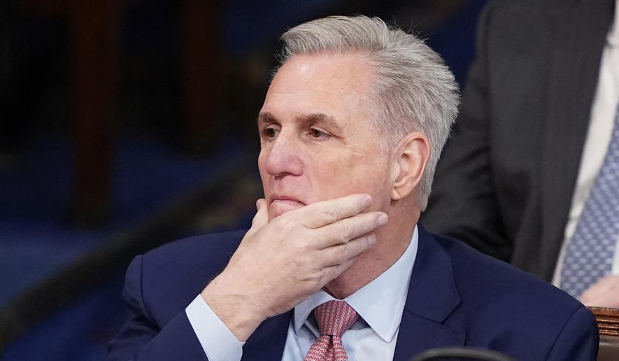 Rep. Kevin McCarthy, R-Calif., listens during the second round of voting for the next Speaker of the House on the opening day of the 118th Congress at the U.S. Capitol, Tuesday, Jan. 3, 2023, in Washington. (AP Photo/Alex Brandon)