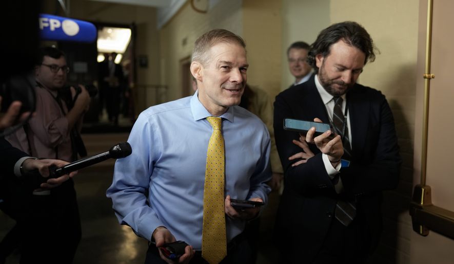 Rep. Jim Jordan, R-Ohio, walks with reporters on Capitol Hill in Washington, Tuesday, Jan 3, 2023, after a closed-door GOP Conference. (AP Photo/Carolyn Kaster) ** FILE **