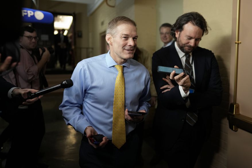 Rep. Jim Jordan, R-Ohio, walks with reporters on Capitol Hill in Washington, Tuesday, Jan 3, 2023, after a closed-door GOP Conference. (AP Photo/Carolyn Kaster) ** FILE **