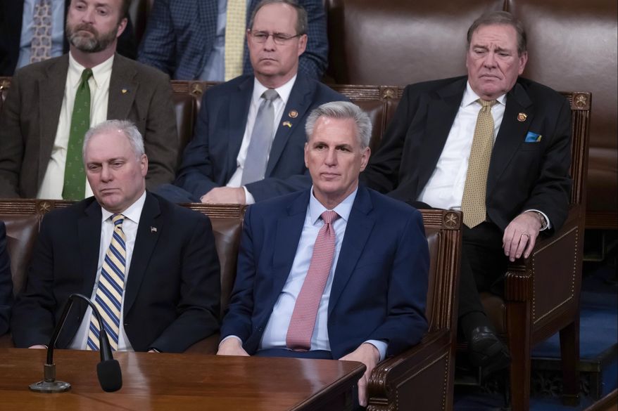 House Republican Leader Kevin McCarthy, R-Calif., sits with Minority Whip Steve Scalise, R-La., left, before an address by Ukrainian President Volodymyr Zelenskyy in the House chamber, at the Capitol in Washington, Wednesday, Dec. 21, 2022. The new 118th Congress, with Republicans in control of the House, begins Jan. 3, 2023, but the first task for the GOP is electing a new speaker and whether House Republican Leader Kevin McCarthy, R-Calif., can overcome opposition from conservatives in his own ranks to get the job. (AP Photo/J. Scott Applewhite) **FILE**