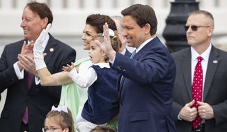 Gov. Ron DeSantis and his family wave to the crowd of people who attended his inauguration ceremony on the steps of the historic Capitol in Tallahassee, Fla., on Tuesday, Jan. 3, 2023. (Alicia Devine/Tallahassee Democrat via AP)