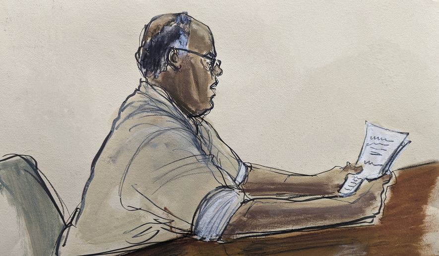 In this courtroom sketch, Frank James, reads a statement of guilt in Brooklyn federal court, Tuesday, Jan. 3, 2023, in New York. James, who opened fire and wounded 10 passengers on a Brooklyn subway train last year has pleaded guilty to federal terrorism charges. Frank James admitted pulling the trigger on the Manhattan-bound train as it moved between stations on April 12. (Elizabeth Williams via AP)