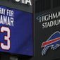 A sign shows support for Buffalo Bills safety Damar Hamlin outside Highmark Stadium on Tuesday, Jan. 3, 2023, in Orchard Park, N.Y. Hamlin was taken to the hospital after collapsing on the field during an NFL football game against the Cincinnati Bengals on Monday night in Cincinnati. (AP Photo/Joshua Bessex)