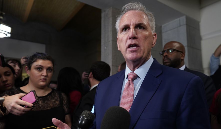 House Republican Leader Kevin McCarthy, R-Calif., speaks to reporters as he pursues the Speaker of the House role when the 118th Congress convenes, at the Capitol in Washington, Tuesday, Jan. 3, 2023. (AP Photo/J. Scott Applewhite)