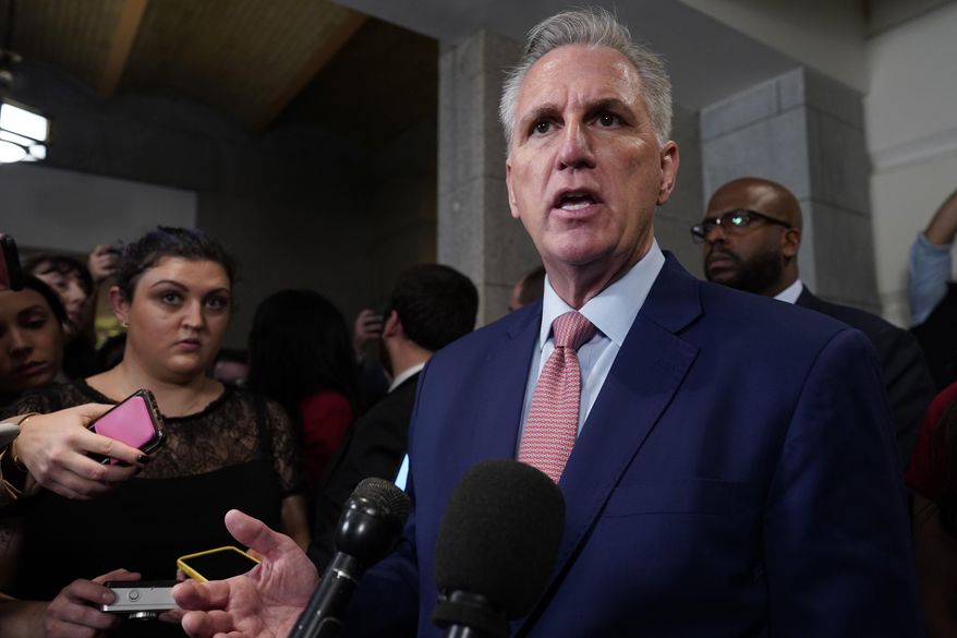 House Republican Leader Kevin McCarthy, R-Calif., speaks to reporters as he pursues the Speaker of the House role when the 118th Congress convenes, at the Capitol in Washington, Tuesday, Jan. 3, 2023. (AP Photo/J. Scott Applewhite)