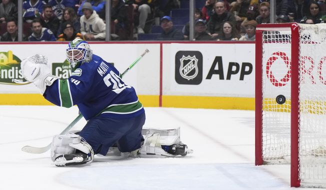 Vancouver Canucks goalie Spencer Martin allows a goal to New York Islanders&#x27; Casey Cizikas during the third period of an NHL hockey game Tuesday, Jan. 3, 2023, in Vancouver, British Columbia. (Darryl Dyck/The Canadian Press via AP)