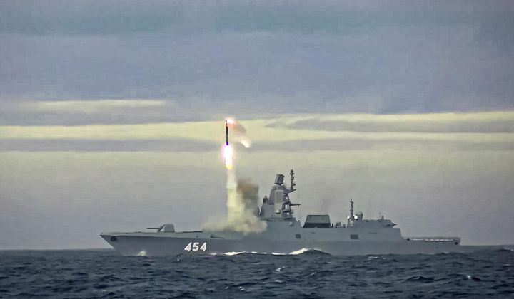 In this image taken from video released by the Russian Defense Ministry Press Service on May 28, 2022, a new Zircon hypersonic cruise missile is launched by the frigate named &quot;Admiral of the Fleet of the Soviet Union Gorshkov&quot; of the Russian navy from the Barents Sea. Russian President Vladimir Putin on Wednesday, Jan. 4, 2023, sent a frigate off to the Atlantic Ocean armed with hypersonic Zircon cruise missiles. (Russian Defense Ministry Press Service via AP, File)