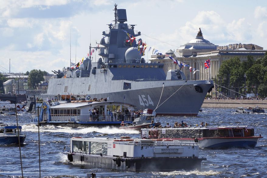 Russian frigate named "Admiral of the Fleet of the Soviet Union Gorshkov" is seen moored in the Neva River during the Navy Day celebration in St. Petersburg, Russia, on July 31, 2022. Russian President Vladimir Putin on Wednesday, Jan. 4, 2023, sent a frigate off to the Atlantic Ocean armed with hypersonic Zircon cruise missiles. (AP Photo/Dmitri Lovetsky, File)