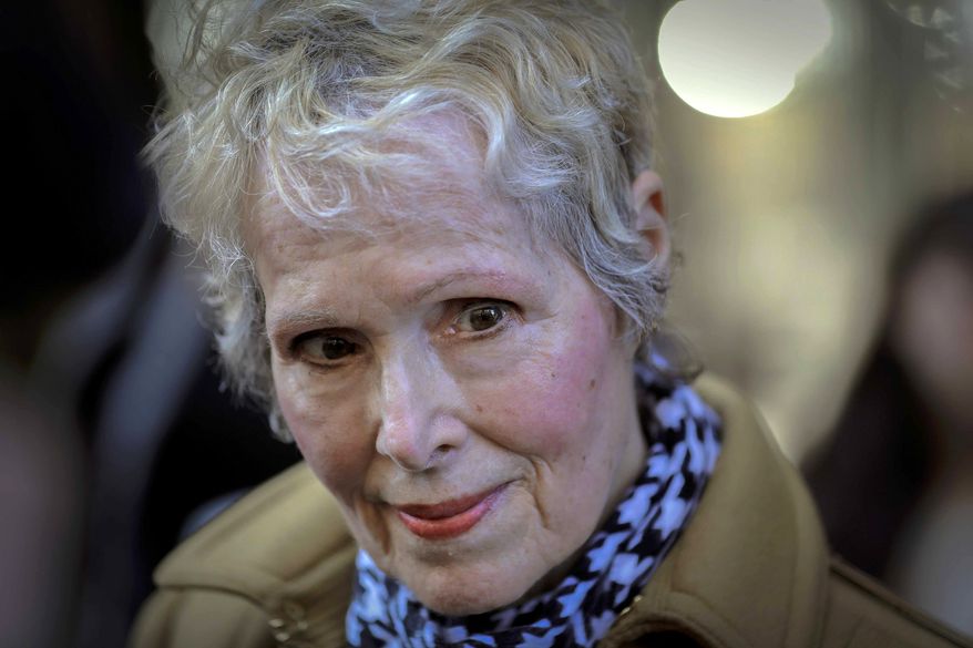 In this March 4, 2020, file photo, E. Jean Carroll talks to reporters outside a courthouse in New York. Lawyers for Carroll,  a former advice columnist who says Donald Trump raped her in a department store dressing room in the 1990s, are fighting his efforts to toss out a lawsuit by reminding a judge of his own ruling in a similar lawsuit against Prince Andrew.  (AP Photo/Seth Wenig, File)
