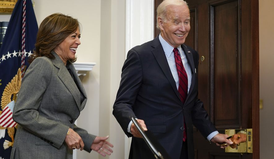 President Joe Biden laughs with Vice President Kamala Harris as the leave after Biden spoke about border security in the Roosevelt Room of the White House, Thursday, Jan. 5, 2023, in Washington. (AP Photo/Patrick Semansky)