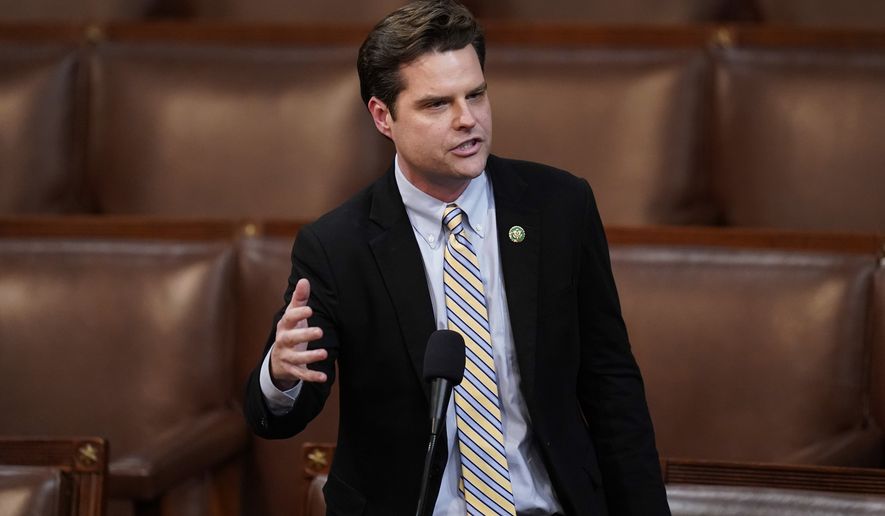 Rep. Matt Gaetz, R-Fla., nominates former President Donald Trump in the House chamber as the House meets for the third day to elect a speaker and convene the 118th Congress in Washington, Thursday, Jan. 5, 2023. (AP Photo/Alex Brandon)