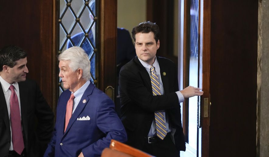 Rep. Matt Gaetz, R-Fla., walks back into the House chamber as the House meets for the third day to elect a speaker and convene the 118th Congress in Washington, Thursday, Jan. 5, 2023. (AP Photo/Andrew Harnik)