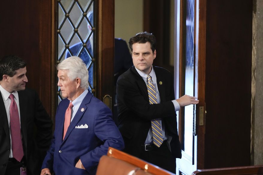 Rep. Matt Gaetz, R-Fla., walks back into the House chamber as the House meets for the third day to elect a speaker and convene the 118th Congress in Washington, Thursday, Jan. 5, 2023. (AP Photo/Andrew Harnik)