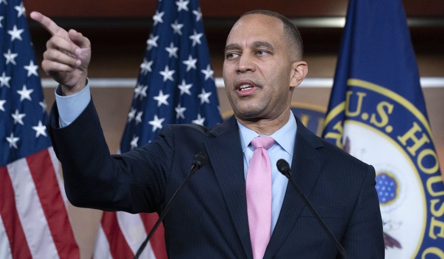 Incoming House Minority Leader Hakeem Jeffries, D-N.Y., speaks during a news conference as the House of Representatives struggles to elect a speaker and convene the 118th Congress with a new Republican majority, on Capitol Hill in Washington, Thursday, Jan. 5, 2023. (AP Photo/Jose Luis Magana)