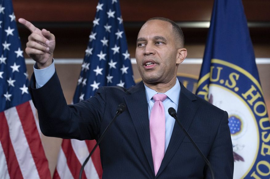 Incoming House Minority Leader Hakeem Jeffries, D-N.Y., speaks during a news conference as the House of Representatives struggles to elect a speaker and convene the 118th Congress with a new Republican majority, on Capitol Hill in Washington, Thursday, Jan. 5, 2023. (AP Photo/Jose Luis Magana)
