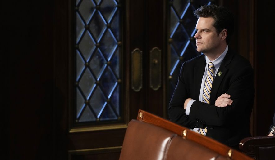 Rep. Matt Gaetz, R-Fla., listens in the House chamber as the House meets for the third day to elect a speaker and convene the 118th Congress in Washington, Thursday, Jan. 5, 2023. (AP Photo/Andrew Harnik)