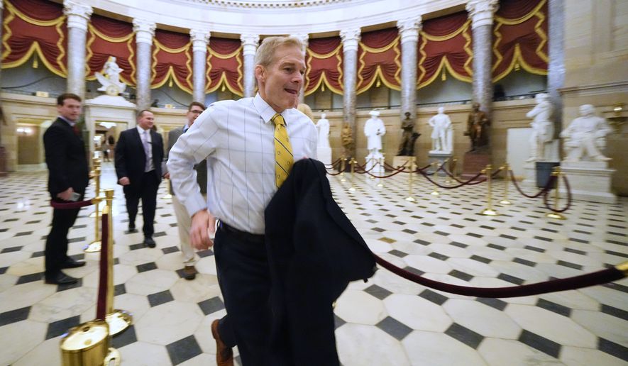 Rep. Jim Jordan, R-Ohio, walks through Statuary Hall as he heads to the House chamber as the House meets for the third day to elect a speaker and convene the 118th Congress in Washington, Thursday, Jan. 5, 2023. (AP Photo/Julio Cortez) **FILE**