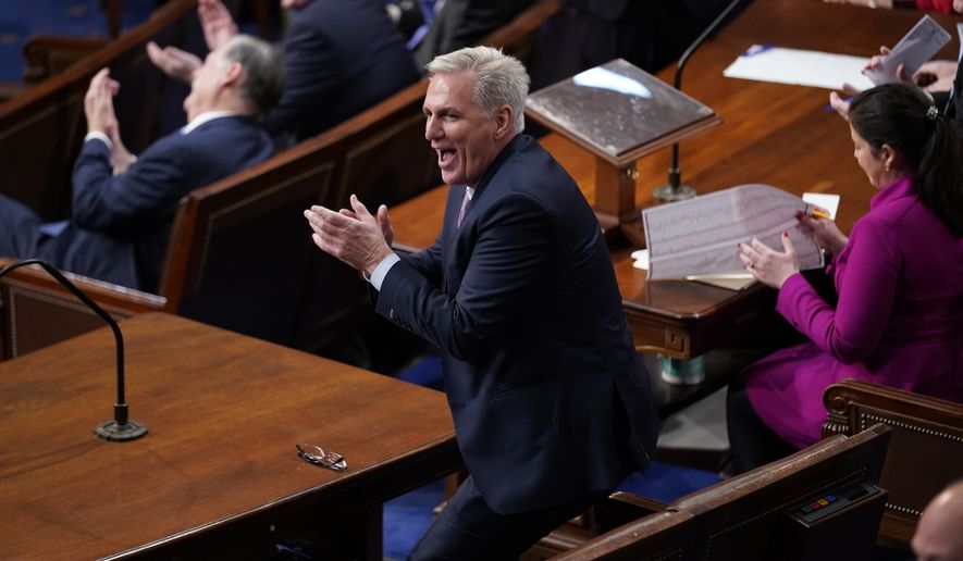 Rep. Kevin McCarthy, R-Calif., reacts during the 12th round of voting for speaker in the House chamber as the House meets for the fourth day to elect a speaker and convene the 118th Congress in Washington, Friday, Jan. 6, 2023. (AP Photo/Andrew Harnik)