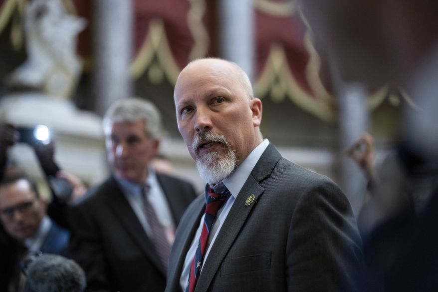 Rep. Chip Roy, R-Texas, a member of the conservative Freedom Caucus, talks to reporters in Statuary Hall about their opposition to voting for Rep. Kevin McCarthy, R-Calif., to be speaker of the House, at the Capitol in Washington, Friday, Jan. 6, 2023. (AP Photo/J. Scott Applewhite)