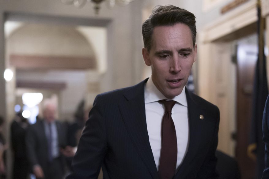 Sen. Josh Hawley, R-Mo., after Senate Republicans met behind closed doors to hold their leadership elections, at the Capitol in Washington, Wednesday, Nov. 16, 2022. (AP Photo/J. Scott Applewhite) **FILE**