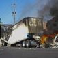 A truck burns on a street in Culiacan, Sinaloa state, Thursday, Jan. 5, 2023. Mexican security forces captured Ovidio Guzmán, an alleged drug trafficker wanted by the United States and one of the sons of former Sinaloa cartel boss Joaquín “El Chapo” Guzmán, in a pre-dawn operation Thursday that set off gunfights and roadblocks across the western state’s capital. (AP Photo/Martin Urista)