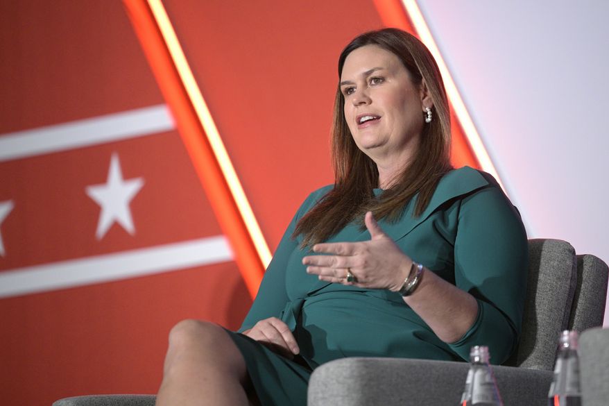Arkansas Governor-elect Sarah Huckabee Sanders answers a question while taking part in a panel discussion during a Republican Governors Association conference on Nov. 16, 2022, in Orlando, Fla. After running a campaign focused heavily on national politics and her time as Donald Trump's spokeswoman, Sanders says she wants to keep her attention on Arkansas as she prepares to be sworn in as the state's 47th governor on Tuesday, Jan. 10, 2023. (AP Photo/Phelan M. Ebenhack, File)