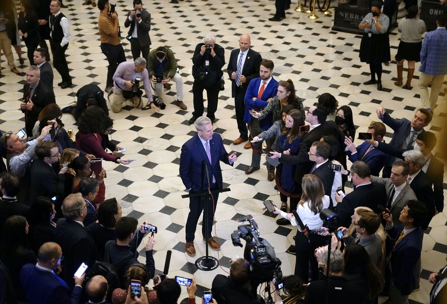 Newly-elected Speaker of the House Kevin McCarthy, R-Calif., talks to reporters after a contentious battle to lead the GOP majority in the 118th Congress, at the Capitol in Washington, Saturday, Jan. 7, 2023. (AP Photo/Matt Rourke)