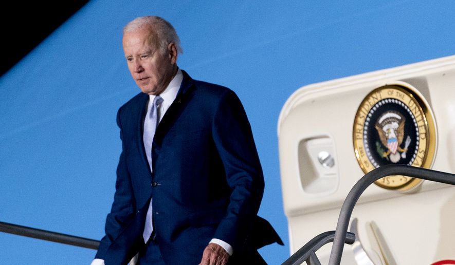 President Joe Biden arrives at the Felipe Angeles international airport in Zumpango, Mexico, Sunday, Jan. 8, 2023. (AP Photo/Andrew Harnik)