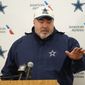 Dallas Cowboys head coach Mike McCarthy speaking to members of media after an NFL football game against the Washington Commanders, Sunday, Jan. 8, 2023, in Landover, Md. Washington won 26-6. (AP Photo/Patrick Semansky)