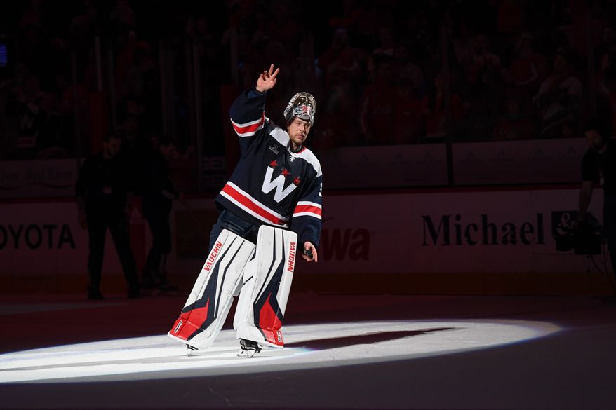 Washington Capitals goalie Darcy Kuemper (35) gets the number one star of the game after the Caps 1-0 victory over the Columbus Blue Jackets at Capital One Arena in Washington D.C., January 8, 2023. (Photo by Billy Sabatini)