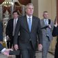 Speaker of the House Kevin McCarthy, R-Calif., talks to reporters as he walks to the speaker&#39;s ceremonial office at the Capitol in Washington, Monday, Jan. 9, 2023. (AP Photo/Jose Luis Magana)