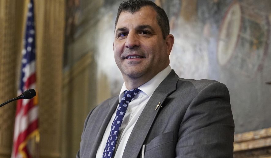 Pennsylvania Speaker of the House Mark Rozzi is photographed at the speaker&#x27;s podium, Tuesday, Jan. 3, 2023, at the state Capitol in Harrisburg, Pa. (AP Photo/Matt Smith)
