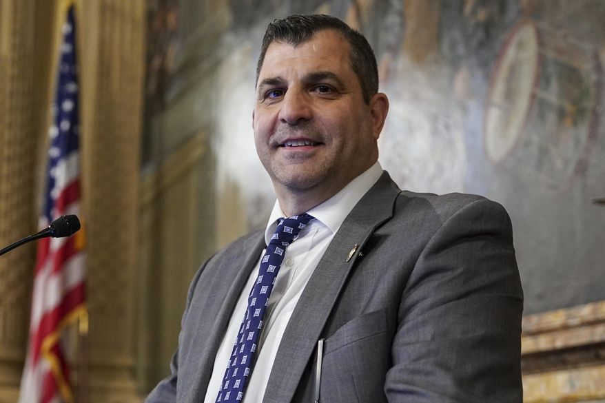 Pennsylvania Speaker of the House Mark Rozzi is photographed at the speaker&#x27;s podium, Tuesday, Jan. 3, 2023, at the state Capitol in Harrisburg, Pa. (AP Photo/Matt Smith)