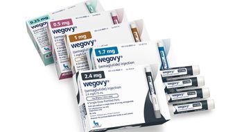 This image provided by Novo Nordisk in January 2023, shows packaging for the company&#39;s Wegovy drug. Children struggling with obesity should be evaluated and treated early and aggressively, with medications for kids as young as 12 and surgery for those as young as 13 who qualify, according to new guidelines released by the American Academy of Pediatrics on Monday, Jan. 9, 2023. A study published in the New England Journal of Medicine in December 2022, found that Wegovy helped teens reduce their body mass index by about 16% on average, better than the results in adults. (Novo Nordisk via AP)