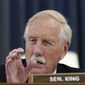 U.S. Sen. Angus King, I-Maine, speaks during a Senate Rules and Administration Committee hearing to examine the Electoral Count Act, Aug. 3, 2022, on Capitol Hill in Washington. King said Monday, Jan. 9, 2023, that it would be a mistake for the U.S. to withdraw support of Ukraine. The senator, who sits on the armed services committee and recently visited Ukraine, said it would be similar to the U.S.&#39;s failure to get involved in Europe previous to World War II. (AP Photo/Mariam Zuhaib, File)