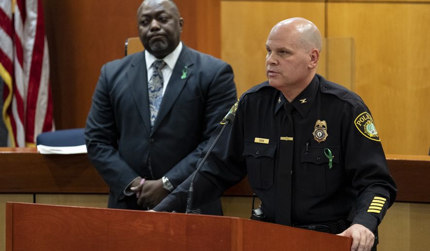 Newport News Chief of Police Steve Drew, right, and Newport News Superintendent George Parker answer questions regarding a teacher being shot by an armed 6-year-old at Richneck Elementary School during a press conference at the Newport News Public Schools Administration Building in Newport News, Va., on Monday, Jan. 9, 2023. (Billy Schuerman/The Virginian-Pilot via AP)