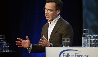 Swedish Prime Minister Ulf Kristersson speaks during the annual Society and Defence Conference in Salen, Sweden, Sunday, Jan. 8, 2023. (Henrik Montgomery/TT News Agency via AP)