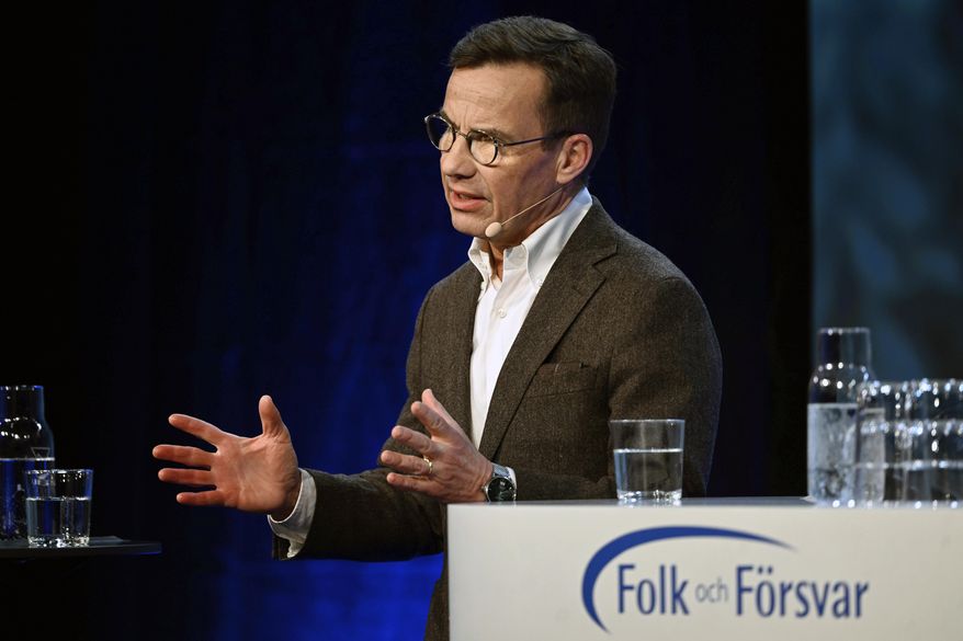 Swedish Prime Minister Ulf Kristersson speaks during the annual Society and Defence Conference in Salen, Sweden, Sunday, Jan. 8, 2023. (Henrik Montgomery/TT News Agency via AP)