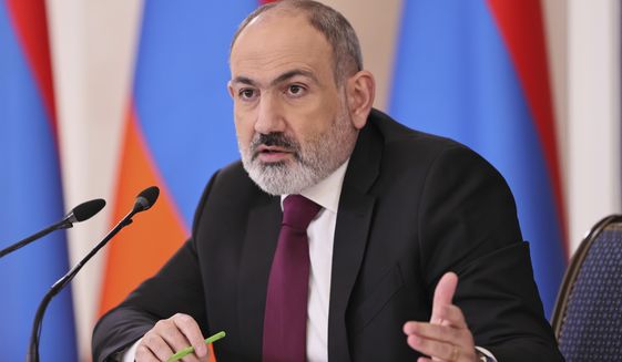 Armenian Prime Minister Nikol Pashinyan speaks during a news conference in Yerevan, Armenia, Tuesday, Jan. 10, 2023. Armenia&#x27;s prime minister says his country has refused to host military drills planned by a Russia-dominated security pact. Pashinyan&#x27;s announcement on Tuesday reflected Armenia&#x27;s growing tensions with Moscow. (Tigran Mehrabyan, PAN Photo via AP)