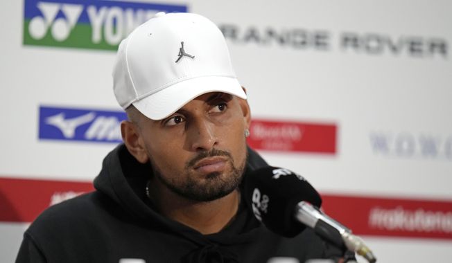 Nick Kyrgios of Australia speaks during a press conference after defeating Tseng Chun-Hsin of Taiwan during a singles match at the Rakuten Open tennis championships in Tokyo, Tuesday, Oct. 4, 2022. Less than 10 minutes into the first episode of “Break Point,” the Netflix docuseries about professional tennis that launches Friday, Jan. 13, 2023, Kyrgios is seen practicing before last year’s Australian Open and is heard contemplating aloud whether he ever will appear again at the tournament. (AP Photo/Shuji Kajiyama, File)