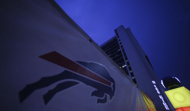 A Buffalo Bills logo is displayed near Buffalo General Medical Center, Monday, Jan. 9, 2023, in Buffalo, N.Y. Bills safety Damar Hamlin was discharged from the University of Cincinnati Medical Center, Monday and flown to Buffalo, where he will continue his recovery at Buffalo General Medical Center/Gates Vascular Institute after going into cardiac arrest and having to be resuscitated on the field during a game in Cincinnati. (AP Photo/Joshua Bessex)