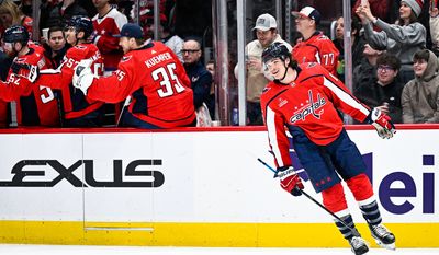 Washington Capitals right wing Sonny Milano (15) reacts after scoring his seventh goal of the season against the Nashville Predators at Capital One Arena, Washington, D.C., January 6, 2023. (Photo by Brian Murphy)